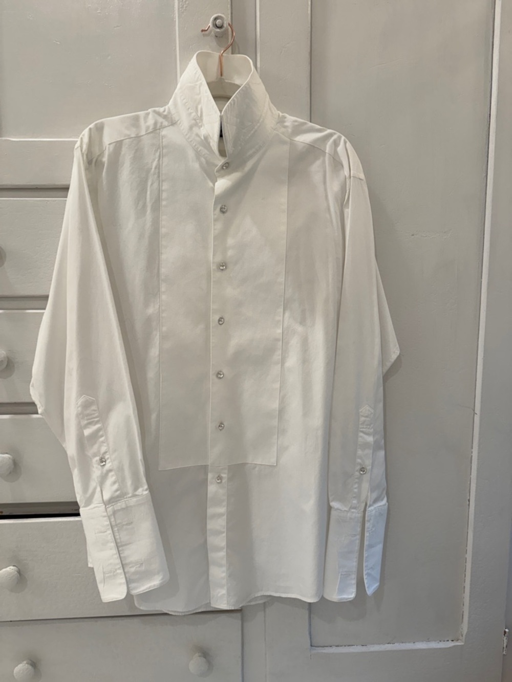 A Shirt Story  White tux shirt with crystal buttons curated for women.